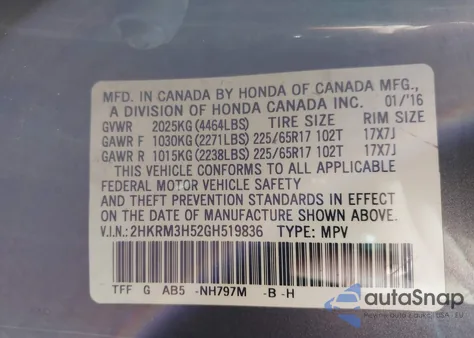 2016 Honda Cr-V Ex z USA, uszkodzony, nr VIN 2HKRM3H52GH519836